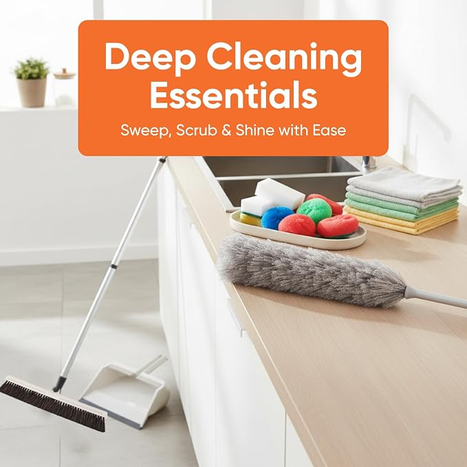 Superio Passover & Spring Cleaning Essentials – Broom, Dustpan, Towels, Sponges, Brushes, Duster, Eraser & Scouring Pads, Multi-Purpose Home & Kitchen Set