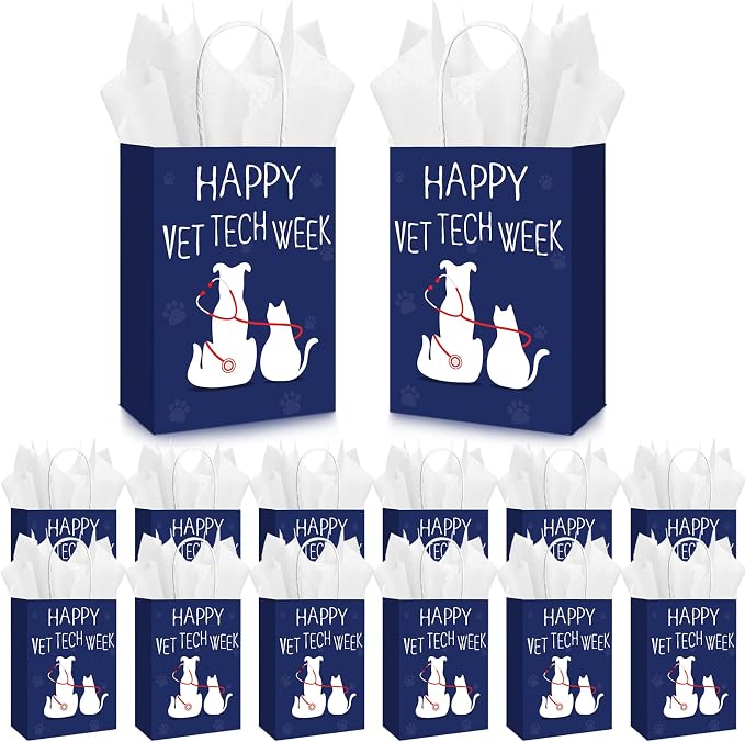 TaoBary 12 Sets Vet Tech Week Gift Veterinary Technician Paper Gift Bag | with Tissue Paper, Veterinarian Treat Bags with Handles, Vet Tech Appreciation Accessories for Assistant Pet Lover