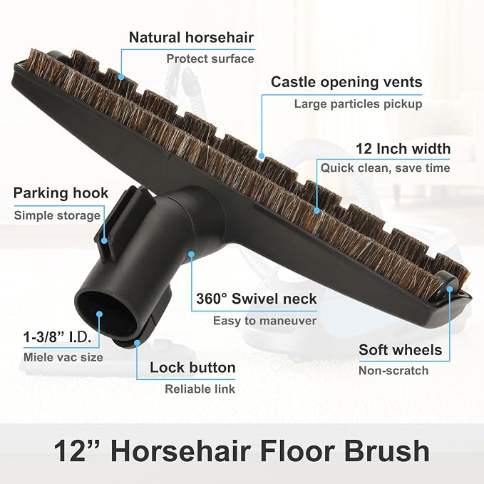 Horsehair Bristles Floor Brush Compatible with Miele C1 C2 C3 CX1 S1 L1 M1 Vacuum Cleaners, 12" Hardwood Floorhead Vacuum Attachment with Soft Wheels for Hard Floor Cleaning