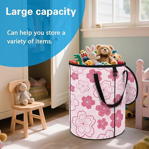 BIGCARJOB Cherry Blossoms Print Portable Trash Can Large Folding Big Trash Can with Lid Storage Bag Pop Up Trash Cans for Parties, 22.83x17.71 in
