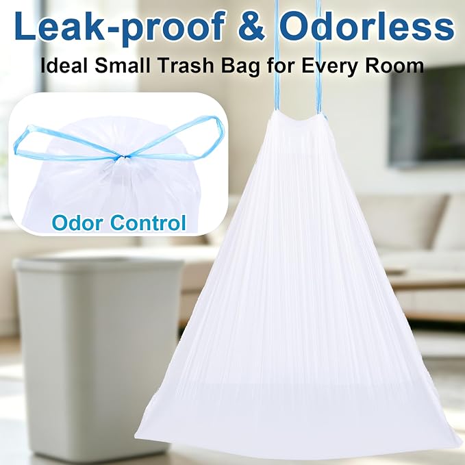 BYSNOW 4 Gallon 200 Counts Small Trash Bags, White Drawstring Garbage Bags | Strong Unscented Garbage Can Liners, Fit 11-15L Waste Bins for Bathroom, Kitchen, Office, Dorm, Car