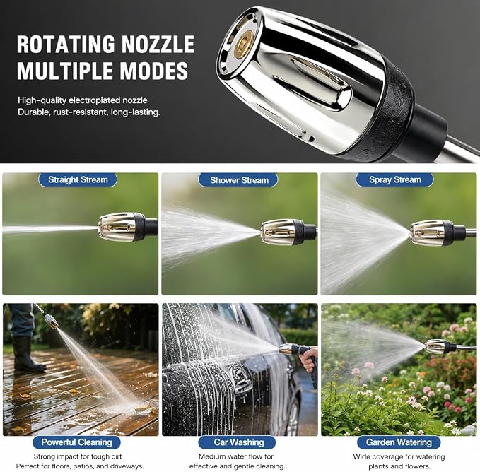 High Pressure Garden Hose Nozzle, Handheld Power Washer Spray Gun with 360° Rotating Nozzle, 3 Spray Modes & Foam Sprayer for Cars, Patios, Driveways and Outdoor Cleaning-Tool-Free Installation(1 Set)