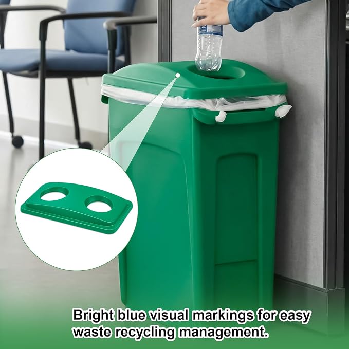 Maxdot 2 Pack Recycle Bin Lids Each with Two Bottles & Cans Openings, Green | Plastic Fit 23 Gallon Slim Trash Can, for Waste Recycling Sorting, Kitchen Classrooms Offices Outdoor