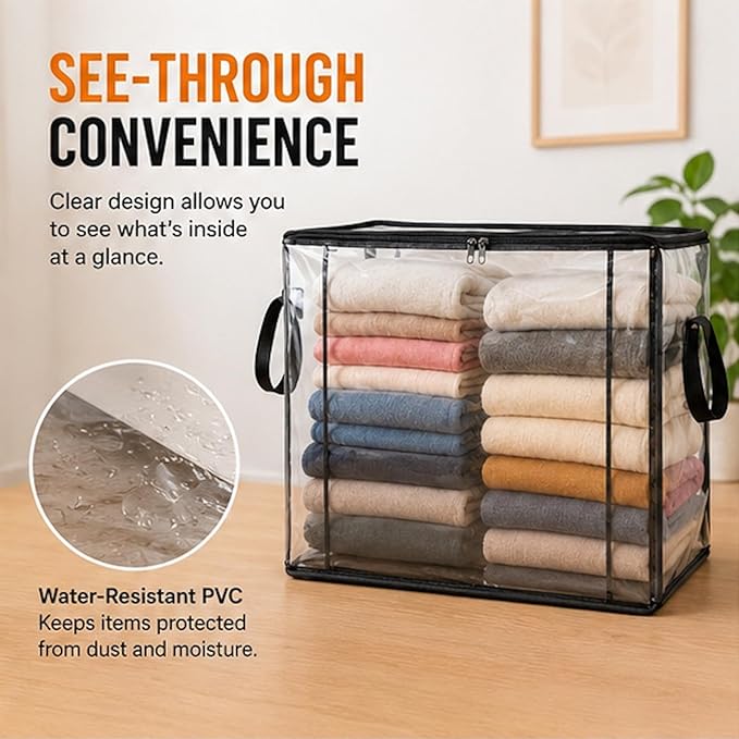 Extra Large Clear Pvc Storage Bags with Zipper Handles Heavy Duty Thick Plastic Clear Storage Bins for Clothes Blankets Toys Moving Foldable Closet Organizer Storage Containers (3, White, S)