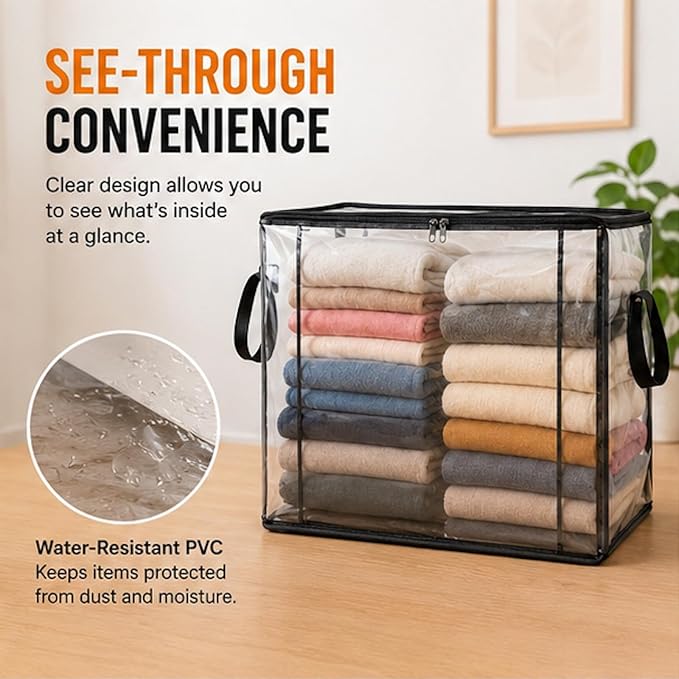 Extra Large Clear Pvc Storage Bags with Zipper Handles Heavy Duty Thick Plastic Clear Storage Bins for Clothes Blankets Toys Moving Foldable Closet Organizer Storage Containers (1, White, L)