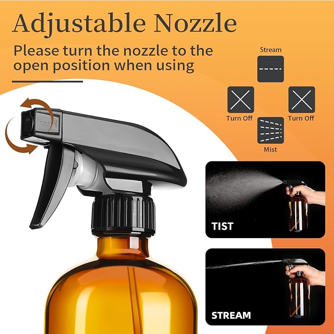 Vitreaux 2 Pack Amber Glass Spray Bottles,16oz Glass Spray Bottles Refillable Empty Containers with Adjustable Nozzle,Spray Bottle for Cleaning,Pets, Aromatherapy,Hair Mister,Squirt and Mist Setting