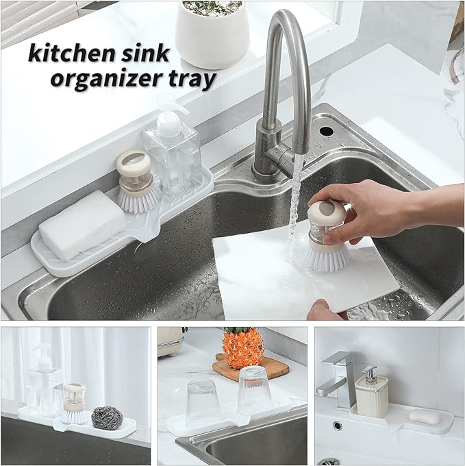 MicoYang Silicone Soap Dish with Drain Spout — Self-Draining Double Sink Organizer Tray for Kitchen & Bathroom, Dispensers, Sponges & Soap Holder, Non-Slip & Dishwasher Safe, White (Large, 12"×4")