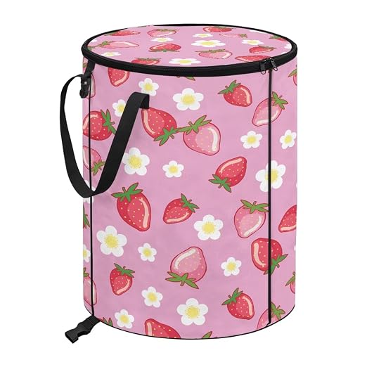 BIGCARJOB Strawberry Daisy Foldable Trash Can Outside Waste Basket Bin Water Resistant Garbage Bag 22.83x17.71 Recycling Bin Trash Can Bag with Zipperd Lid and Clip