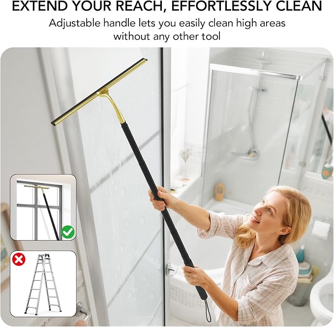 Shower Squeegee for Glass Doors with Long Handle, 15-51" Telescopic Shower Squeegee, Extendable Bathroom Squeegee for Shower Glass, Tile Walls, Mirrors & Windows, 13.7" Silicone Blade