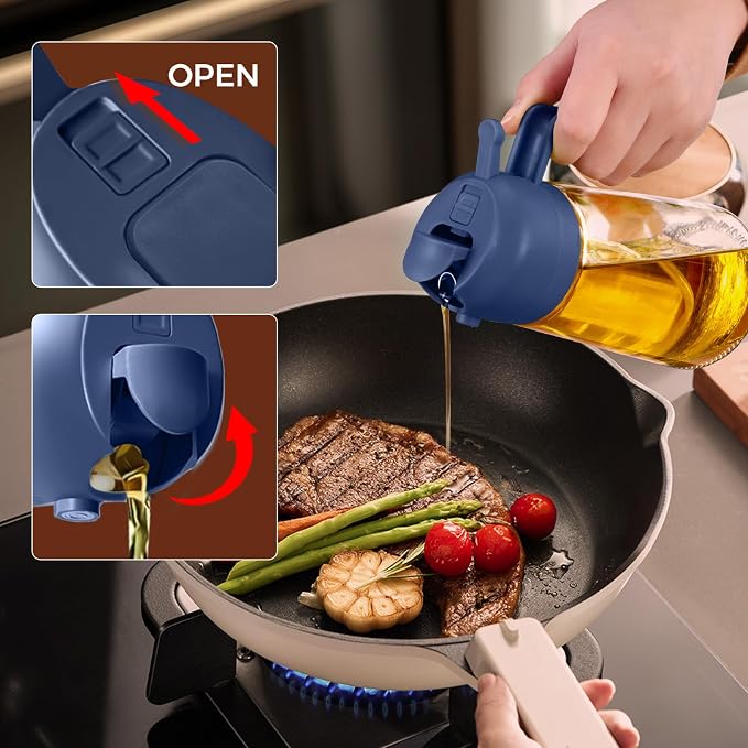 YARRAMATE 16 oz 2-in-1 Glass Olive Oil Sprayer for Cooking, Black&Navy | Food-grade dispenser bottle, 470 ml, spray and pour, portion control, stickers included, for salad, frying and BBQ