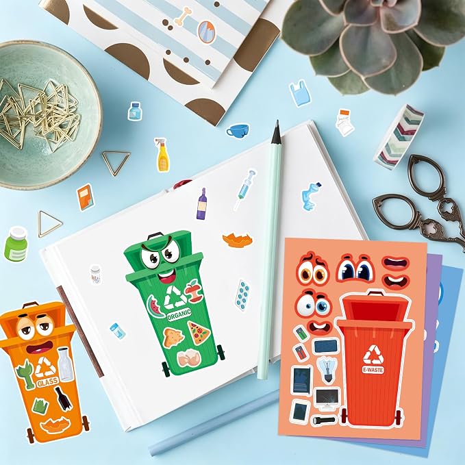 24 Sheets Recycling Bin Make a Face Sticker, Make Your Own Trash Bin Stickers Mix and Match Sticker for Home School Classroom Crafts Activities Reward Birthday Party Favors