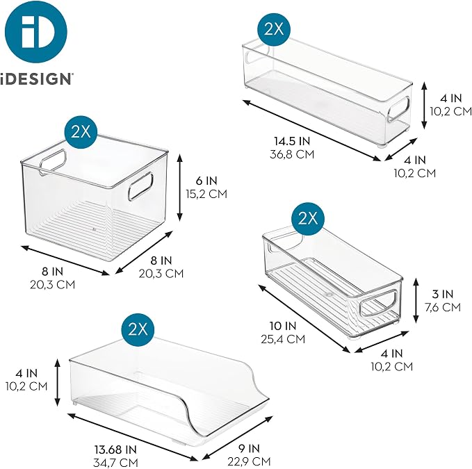 iDesign Fridge Storage Bin Set, Set of 8, Clear | Includes Bins with Handles, Water Bottle Holder