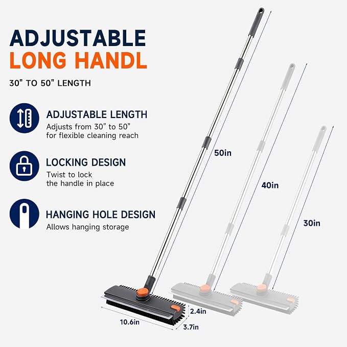 Floor Scrub Brush with Long Handle, 3-in-1 with Squeegee & Stiff Bristles | Heavy-Duty V-Shaped Bristles, 30–50 in Adjustable Handle, 360° Rotating Head & Built-In Hair Picker for Tile, Grout & Showers
