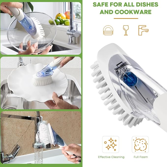 RIMAY Soap Dispensing Dish Brush Set with 2 Brush Refills and Holder | Dish Scrubber with Handle Kitchen Dishwashing Brush Dish Wand for Dishes, Pans, Pots And Sink, White