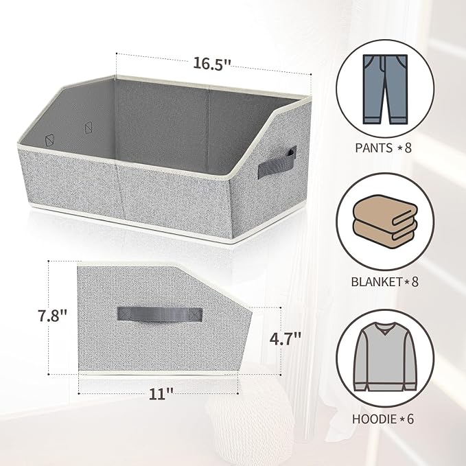 Trapezoid Closet Shelf Organizer - Large Baskets for Organizing, Fabric Storage Box for Shelves, Cube Storage Bins for Clothes, Books, Blankets, 3 Pack, Light Gray
