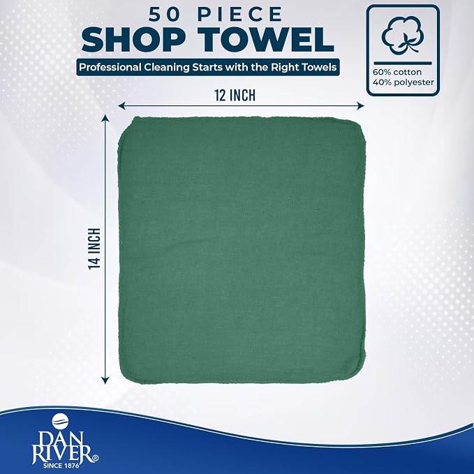 DAN RIVER Shop Towels 12x14 inc 50 Pack Green Terry Cloth Rags | Washcloths for Cleaning Cars & Household Surfaces Well Absorbent, Reusable Cleaning Rags Washable 60% Cotton 40% Polyester