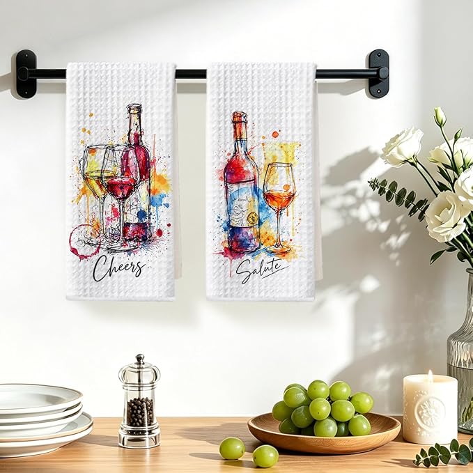 2 Pcs Graffiti Wine Kitchen Towels, Italian Gifts Reusable Dish Towels | Waffle Weave Hand Cloth Tea Towel for Kitchen Bathroom Home Decor, Wine Lover Gifts for Women Mom Friend 24x14 Inch