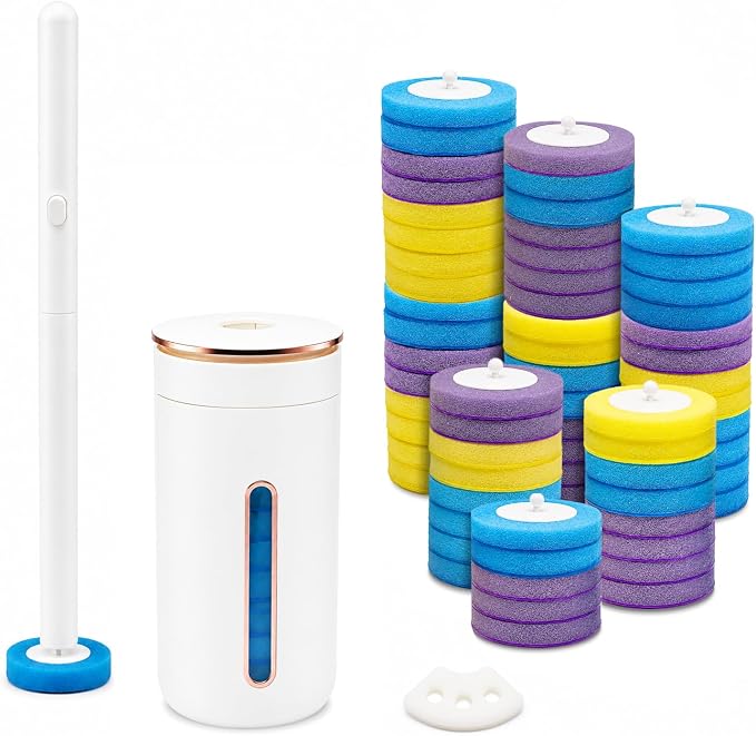 Disposable Toilet Brush with 64 Disposable Heads (Toilet Brush + 64Refills) | Opaque Flip-Top Toilet Brush and Holder Set, Toilet Bowl Cleaner Wand for Bathroom Cleaning