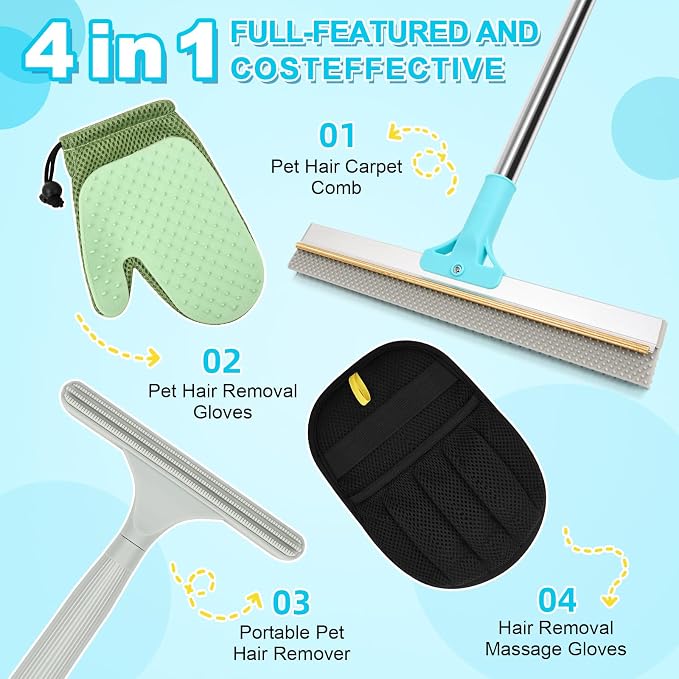 Carpet Rake for Pet Hair Removal, 4 in 1 Reusable Pet Hair Remover Tool | 23-54" Adjustable Rubber Broom, Silicone Grooming Glove, Magic Brush and Scraper for Dog Cat Hair, Rugs, Mats, Sofa