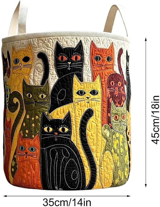 Quilted Laundry Basket, Cat Design Foldable Organizer Bin with Handles | Clothes Hamper Storage Basket, Laundry Storage Bag, for Bathroom Dorm Apartment Nursery Home