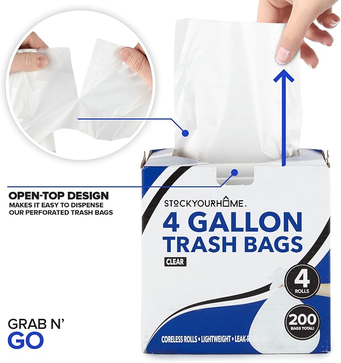 Stock Your Home 4 Gallon Unscented Small Garbage Bags, 200 Count, 12.7 Micron Thickness, Leak Proof Star Seal, Open Top Box for Easy Dispensing, Versatile Usage, Great Value Pack
