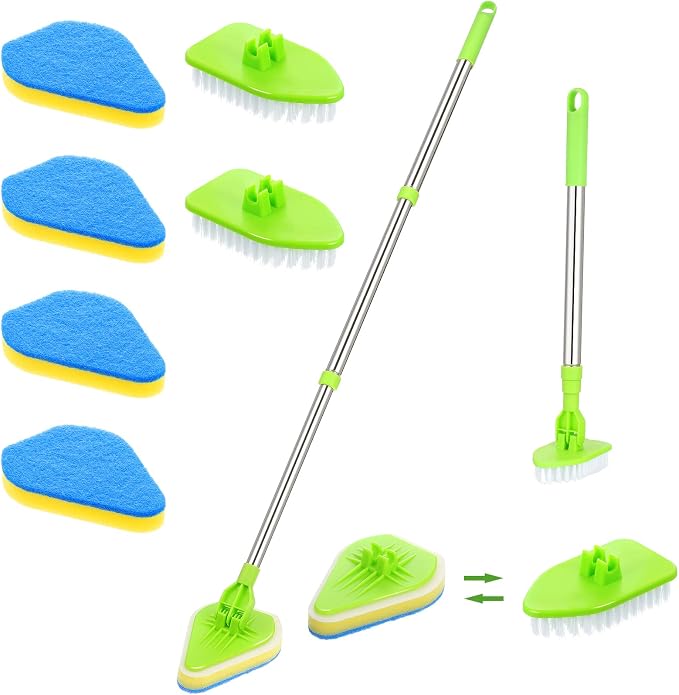 Scrub Cleaning Brush with Long Handle 2 in 1 Extendable Bathroom Floor Brushes with 2 Stiff Bristles and 4 Sponge with Long Handle Detachable Tile Lightweight Cleaner for Bathtub Shower