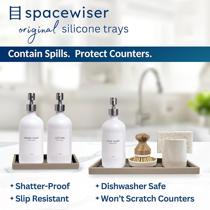 Spacewiser Countertop & Vanity Silicone Tray – 2 PC (11.7" & 7.7") Set | Bathroom Tray & Kitchen Soap Tray Set, Bathroom Counter Tray, Kitchen Sink Dish Soap Tray for Countertop Organization