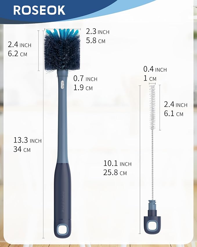 ROSEOK 2 in 1 Bottle Brush with Straw Cleaner Brush, Water Bottle Brush | For Cleaning Glass, Sports Bottle, Coffee Mug, Cup Cleaner, Grayish Blue, 1 Pack