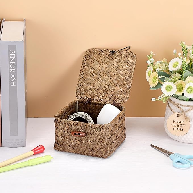 Hipiwe Handwoven Seagrass Basket Bin Small Decorative Shelf Basket Boxes with Lid Wicker Storage Baskets Bins Multipurpose Table Organizer for Key Home Decor, 4.7"L x 4.7"W x 3"H