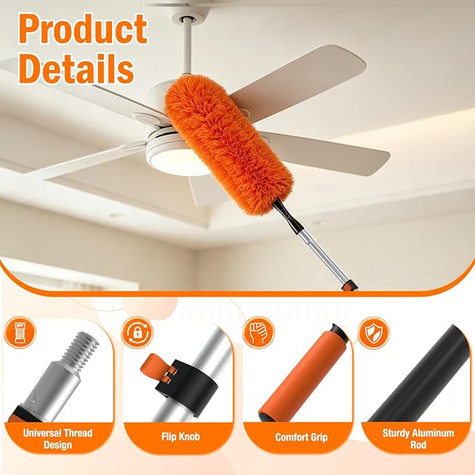 LAANPOLE 20FT High Reach Duster Cleaning Kit with Extension Pole, High Ceiling Fan Cleaner Duster Tool for Fan Blades, Window Washing Kit with Microfiber Feather Duster & Window Squeegee