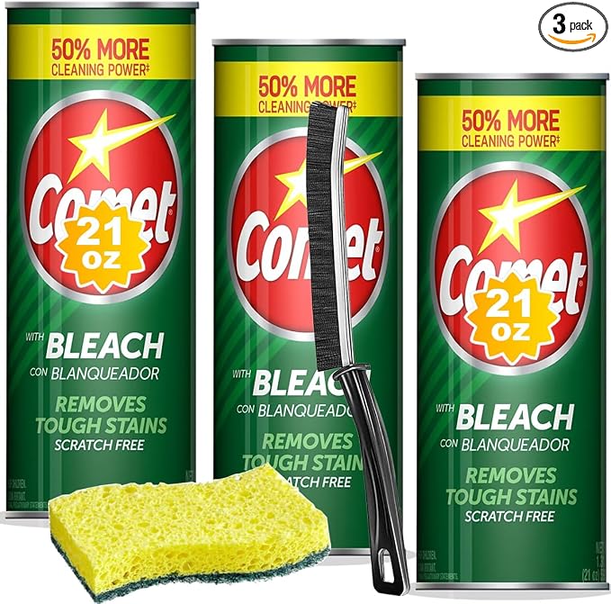 Cleaning Bundle – Includes Comet Powder Cleanser with Bleach (3 × 21 oz) + Heavy Duty Scrub Sponge & Crevice Cleaning Brush – Kitchen & Bathroom Multi Surface Cleaning Kit