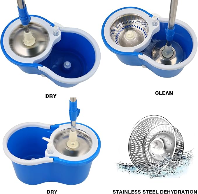 Spin Mop and Bucket with Wringer Set, 3 Microfiber Mop Heads, 61" Handle | 360° Spinning Mop System with Stainless Steel Adjustable Handle & 3 Microfiber Replacement Heads for Floor Cleaning
