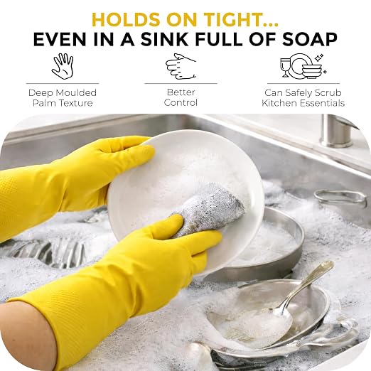 LADWA 1 Pairs Non-Slip Household Cleaning Reusable Dishwashing Gloves for Kitchen Washing Dishes Bathroom Gardening & Home Tasks Flexible Long-lasting Waterproof Gloves Perfect for Woman Men (Yellow)