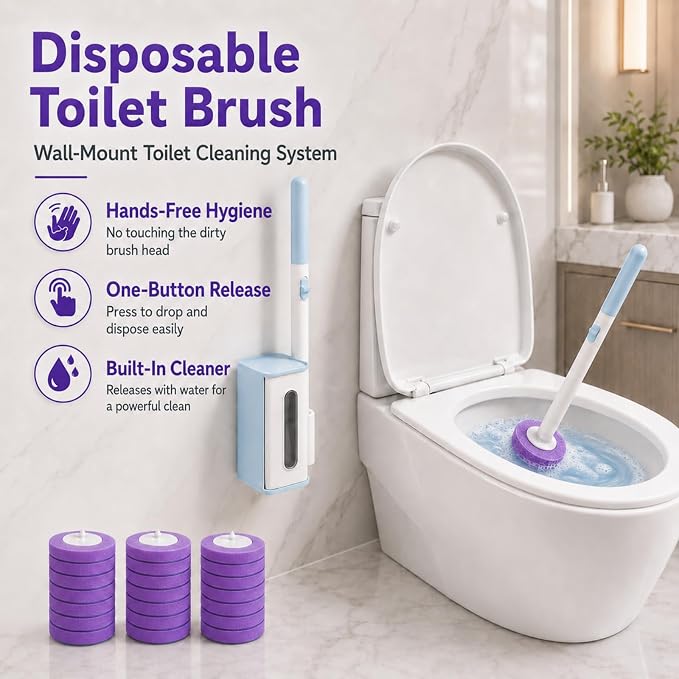 Disposable Toilet Bowl Cleaner Wand with Holder Set, Wall-Mounted | Hands Free Toilet Scrubber Wand, Bathroom Cleaning Supplies, 1 Wand and Holder with 24 Purple Refills, Light Lavender Scent