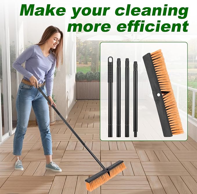 18 Inches Push Broom Outdoor- Heavy Duty Commercial Broom with 64.5" Long Handle and Stiff Bristles for Patio Garage Deck Concrete Wood Stone Tile Driveway Yard Warehouse Shop Floor Cleaning Broom