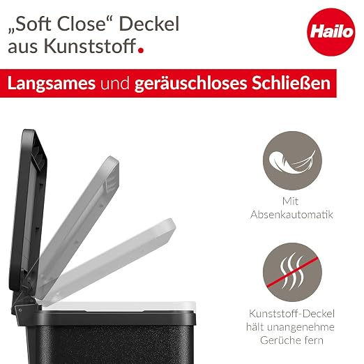 Hailo OKO Trio Plus 0633-260 Pedal Waste Separator Kitchen Trash Can with 3 x 9L Removable Inner Buckets with Soft-Close Lid, Wide Foot Pedal, Multi-Compartment Recycling Bin, Black
