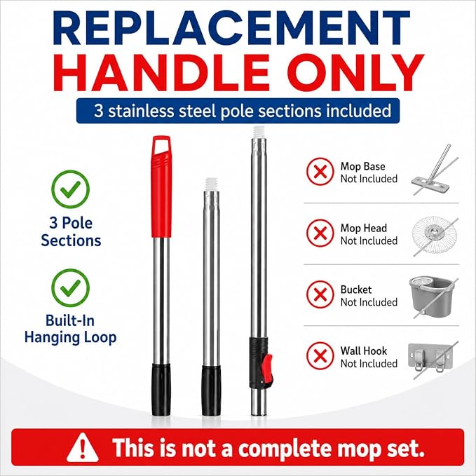 RinseWise Spin Mop Replacement Handle Only, 3-Section Stainless Steel Pole with 35/49/61 in Length Options, Fits All Tsmine FunClean Models, Not Universal, No Mop Head, Base or Bucket - Red