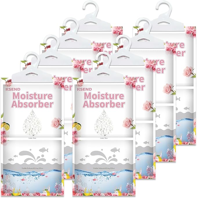 Ksend Moisture Absorber, 8 Pack Hanging, Lemon Rose | Closet, Bathroom, Kitchen, Compact Hanging Bag, Odor Eliminator, Humidity Absorber, 9.8 OZ