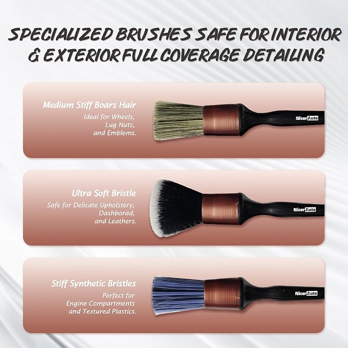 8PCS Car Detailing Brush Set, Mixed Bristles Soft Detail Brushes, Rose Gold | Boars Hair & Ultra Soft Auto Detailing Brush, No Scratch for Leather Dashboard, 5 Crevice Tools Reach AC Outlet, Wet Dry Use