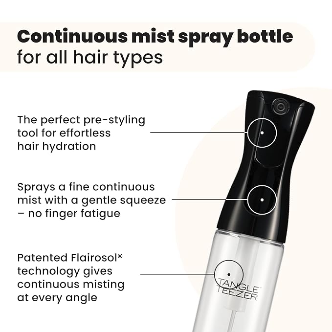 TANGLE TEEZER Fine Mist Spray Bottle, Refillable, 10.1 oz, Black | Reusable, refillable fine-mist continuous spray bottle; evenly distributes water or product to refresh, detangle & style hair