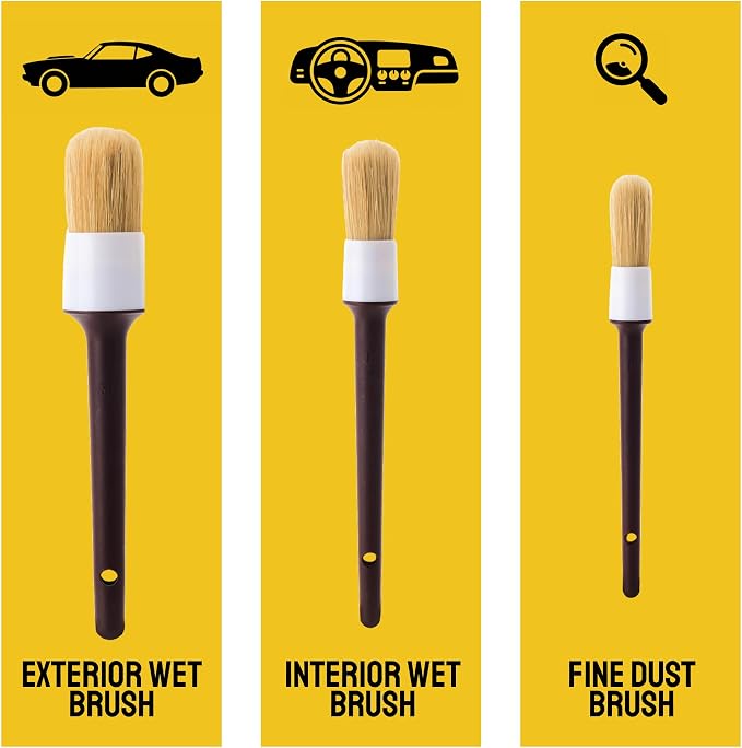 Car Detailing Brush Set 3-pc, Car Detailing Kit Interior by Detail Dudes | Boar Hair Detailing Brushes - Exterior & Interior Soft Bristle Cleaning Brushes - Car Accessories for Wheels, Leather & Trim