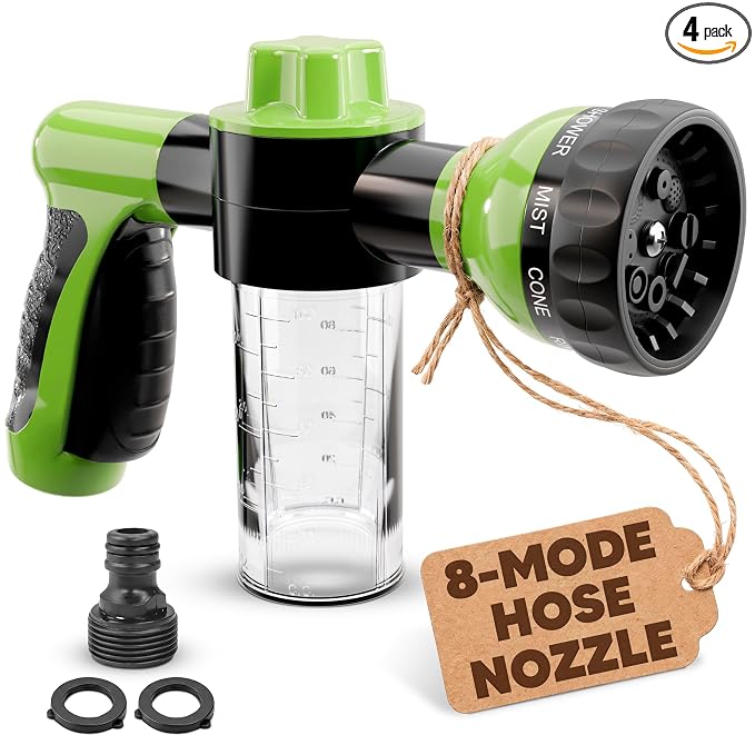 Hose Nozzle with Soap Dispenser and Trigger Flow - Car Wash Sprayer and Soap Sprayer Hose Attachment, Foam Control Dial, 8 Spray Patterns, 3.5 oz Refillable Tank - Fits 3/4 Inch Hose, Ergonomic Grip