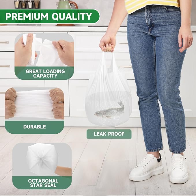 3 Gallon White Trash Bag With-Handles - Small Garbage Bags For Bathroom Can Unscented 100 Count Compostable Biodegradable Mini Tiny Waste Basket Liners For Kitchen Office Car Chenyucheng