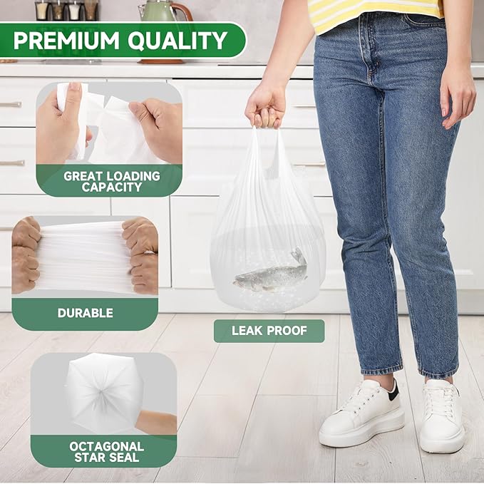 2.6 Gallon Small Trash Bags Bathroom With Handle 100 Count | Biodegradable White Mini Garbage Bags 10 Liter,Tiny Waste Basket Liners For Kitchen Office Car Unscented,Strong Thick