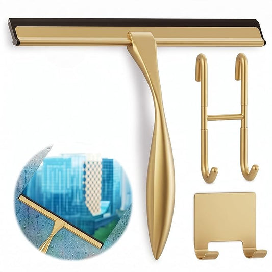 Stainless Steel Shower Squeegee, Glass, Silicone, 12 Inch (Gold) | Shower Door Squeegee with Silicone Blade, Adhesive & Hanging Hooks for Mirror, Tile, Window, Car, Multi-Surface Everyday Use