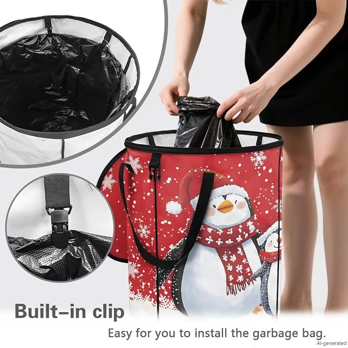 Christmas Penguin 24 Gal Collapsible Trash Can Waterproof Pop-Up Pop up Trash Can for Camping Backyard & Car Travel Easy to Clean Outdoor Garbage Bin Reusable Camping Essentials