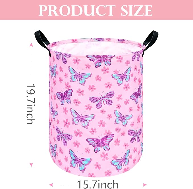 Round Butterfly Pattern Laundry Hamper Storage Basket Fabric Material Storage Hamper Organization Basket, Storage Bin, Gift Box with Handles for Room