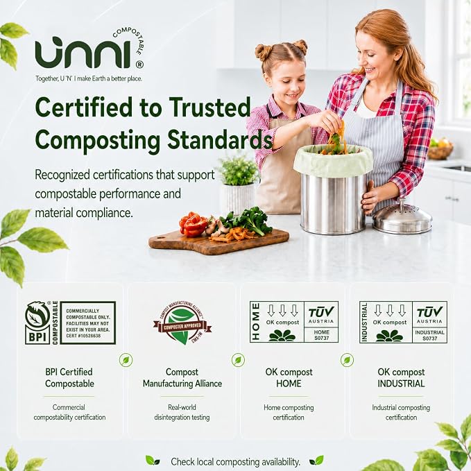 UNNI 4 Gallon Compostable Bags, 100 Count, 15 Liter, Extra Thick 0.75 Mil | Small Compost Bags for Kitchen Food Scrap Bins & Compost Caddies, Certified by BPI, CMA & OK compost HOME, Meets ASTM D6400
