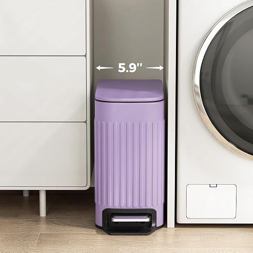 TrashAid 1.6Gal Slim Bathroom Trash Can with Lid Soft Close & Pedal, Purple | Removable Inner Bucket, Stainless Steel Garbage Can, Small Wastebasket for Toilet/Office/Bedroom, Retro Design, Odor Control
