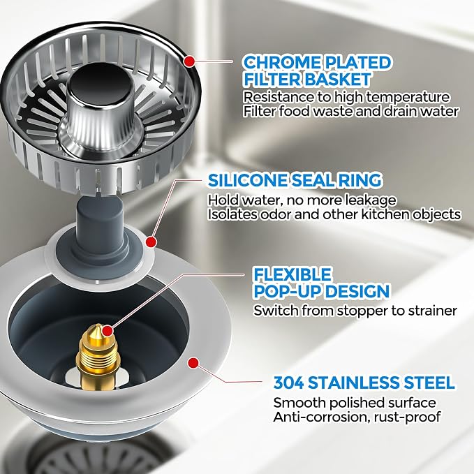 zaa Kitchen Sink Drain Strainer - Kitchen Sink Stopper, 304 Stainless Steel Sink Drain Stopper, Sink Protector for Kitchen with Anti-Clog Filter, Fit US Standard 3-1/2'' Sink Drain Hole, Gray | Kitchen Sink Accessories 1 Pack Brushed Grey Stainless - F...